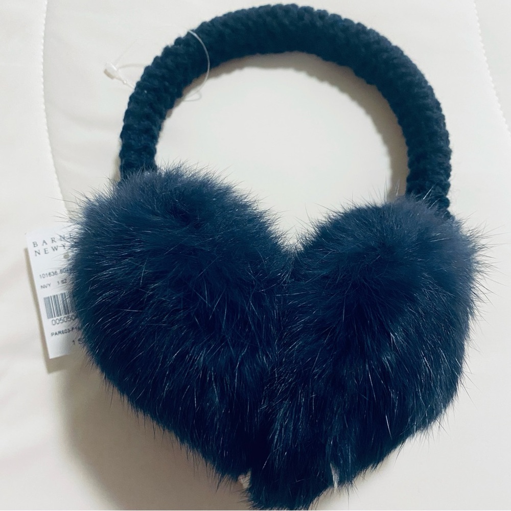 NWT Barney’s New York x Hat Attack Real Dyed Rabbit Fur Knit Earmuffs in Navy